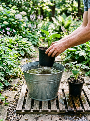 Wurzelballen in einen grossen Eimer Wasser eintauchen und vollsaugen lassen